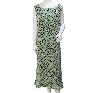 Studio I 24W Green Black Floral Maxi Dress Sleeveless Ruffle Hem